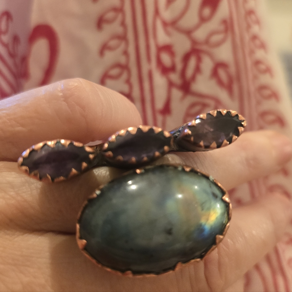 Elegant Copper Labradorite And Amethyst  Stone Ring